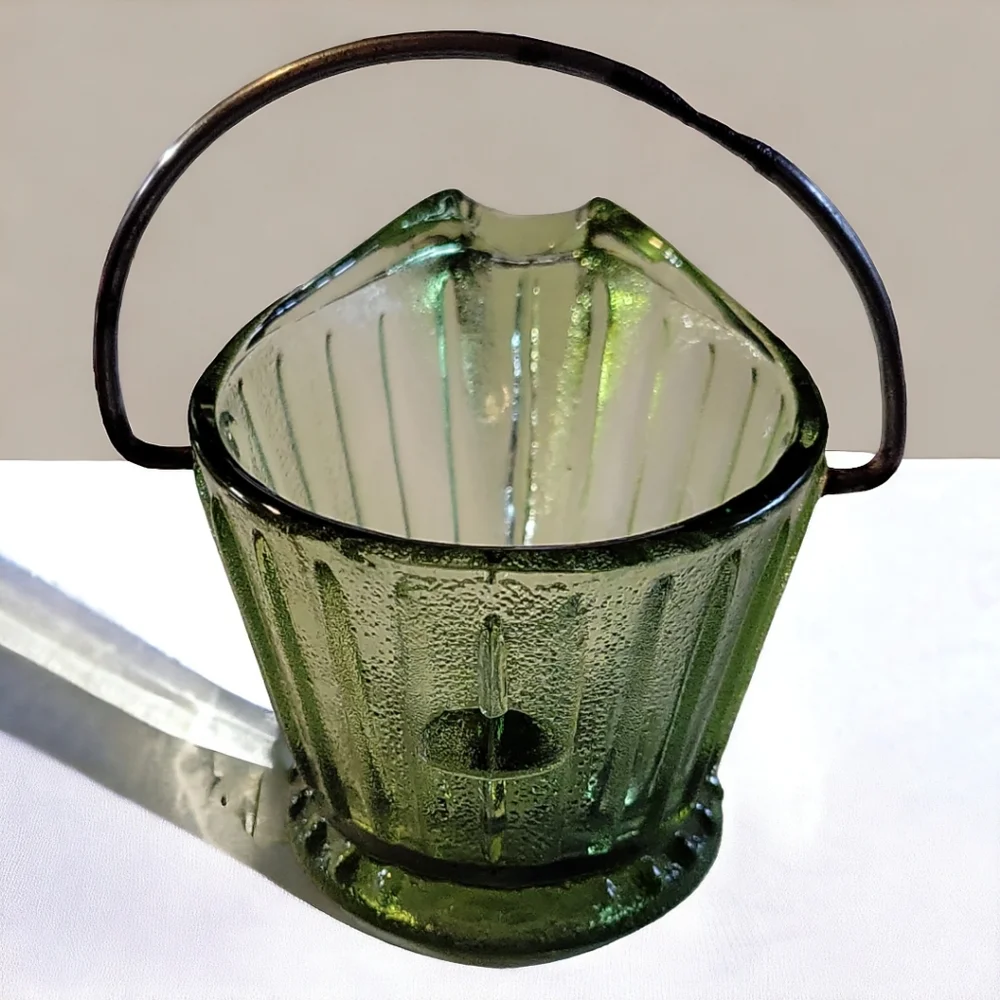 Vtg 60's Hazel Atlas Glass Company Green Glass Ashtray Toothpick Holder Bucket